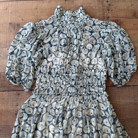 REBECCA TAYLOR Deco Fleur Silk Midi Dress Ruched High Neck Smock Waist Blue Sz 4 - Picture 8 of 14